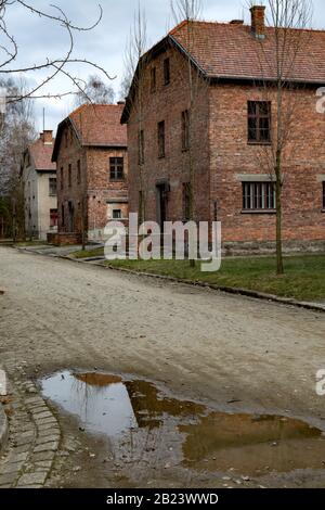 Resti di edifici al Museo di Auschwitz - Birkenau e Memoriale dei campi di Sterminio nazisti della seconda guerra mondiale Foto Stock