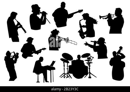 Imposta silhouette nere di jazz, rock o pop musicisti isolati su sfondo bianco. Collezione di cantante e musicista in diverse pose. Vettore stock Illustrazione Vettoriale