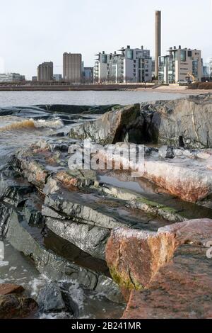 Il litorale ghiacciato di Eira, Helsinki Foto Stock