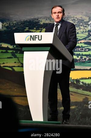 Il deputato di Rt Hon George Eustice, Segretario di Stato per l'ambiente, l'alimentazione e gli affari rurali, che ha parlato alla Conferenza NFU (Unione nazionale degli agricoltori) 2020. Foto Stock