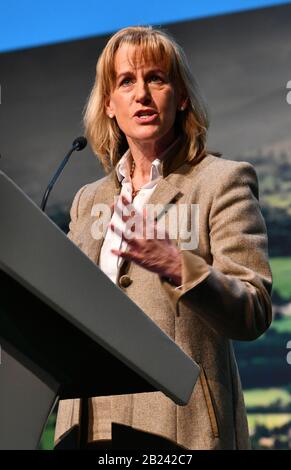 Presidente della NFU (National Farmers Union) Minette Batters parla alla Conferenza NFU di Birmingham nel febbraio 2020. Foto Stock