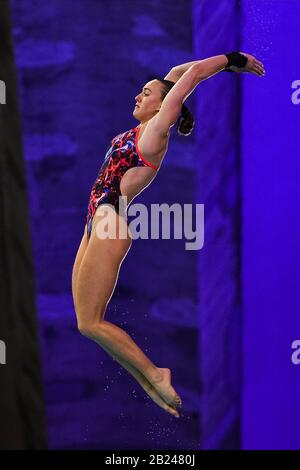 Montreal, Quebec, Canada. 29th Feb, 2020. Lois Toulson (GBR) si tuffa durante la semifinale della piattaforma 10m della FINA Diving World Series femminile allo Stadio Olimpico di David Kirouac/CSM/Alamy Live News Foto Stock