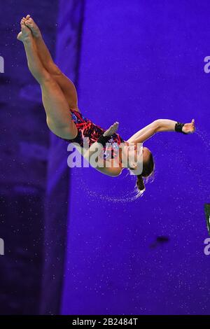 Montreal, Quebec, Canada. 29th Feb, 2020. Lois Toulson (GBR) si tuffa durante la semifinale della piattaforma 10m della FINA Diving World Series femminile allo Stadio Olimpico di David Kirouac/CSM/Alamy Live News Foto Stock