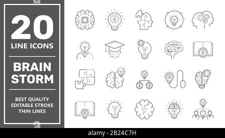 Set di icone della linea di brainstorming. Insieme di icone di brainstorming come luce artificiale, cervello, lampadina, creatività, brainstorming, cervello, creatività, romanzo Illustrazione Vettoriale