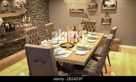 Sala da pranzo moderna. Interni moderni con posti a sedere, tavolo coperto con raffinati stoviglie e tavoli decorati. illustrazione 3d. Foto Stock