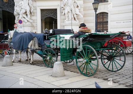 Vienna, Austria - 19 febbraio 2020: Famose carrozze a cavallo di Vienna in attesa davanti all'Hofburg per i clienti a Vienna, Austria. Foto Stock