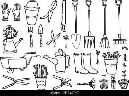 Grande raccolta vettoriale di attrezzi di giardinaggio. Rastrello,pala,carriola,piantine,stivali,guanti,potatrice,chiodatrice in stile doodle disegnato a mano isolato su ba bianca Illustrazione Vettoriale