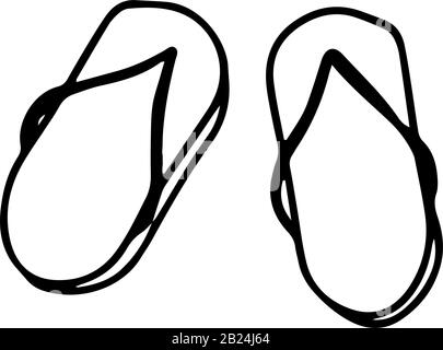 Pantofole, pantofole per la stagione estiva in stile doodle isolato su sfondo bianco. Icona del segno. Illustrazione del contorno del vettore. Utilizzabile come icona o symbo Illustrazione Vettoriale
