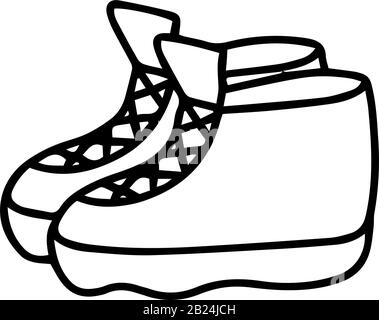 Scarpe da trekking o sneakers in stile doodle isolato su sfondo bianco. Icona del segno. Illustrazione del contorno del vettore. Elemento decorativo. Scarpe per camminare, Illustrazione Vettoriale