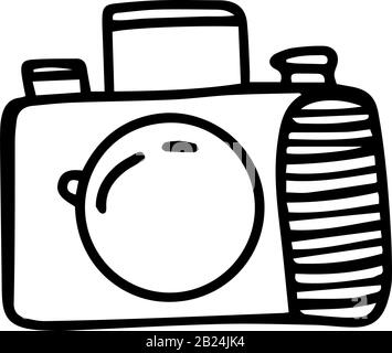 Reflex camera in stile doodle isolato su sfondo bianco. Icona del segno. Illustrazione del contorno del vettore. Utilizzabile come icona o simbolo. Elemento decorativo. Mano Illustrazione Vettoriale
