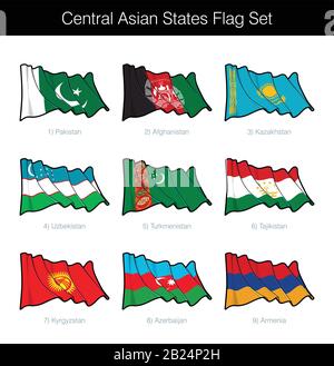 Set Di Bandierine Per Ondulazione In Asia Centrale. L'insieme comprende le bandiere di Pakistan, Afghanistan, Kazakistan, Uzbekistan, Turkmenistan, Tagikistan, Kirghizistan, Azer Illustrazione Vettoriale