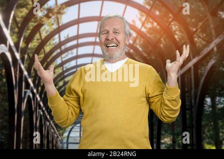 Felice vecchio anziano con le armi in su nel parco. Foto Stock