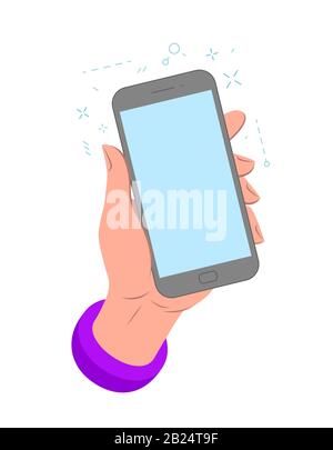 Modello smartphone in mano per applicazioni Web e mobili. Illustrazione vettoriale Illustrazione Vettoriale