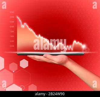 Businesswoman tenere tablet e mostrare grafici olografici e le statistiche del mercato azionario perdita di profitti. Concetto di cattiva pianificazione e strategia aziendale. Foto Stock