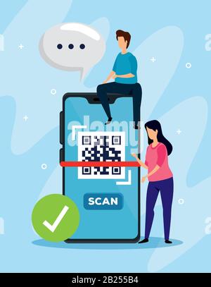 scansione del codice qr con smartphone e business couple Illustrazione Vettoriale