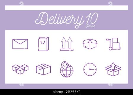 Design vettoriale set icona stile linea di consegna 10 isolato Illustrazione Vettoriale