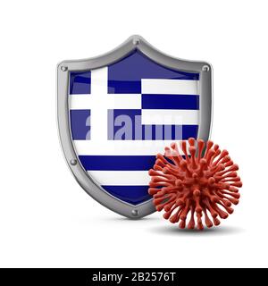 La Grecia protegge la bandiera contro i batteri del virus. Rappresentazione 3D Foto Stock