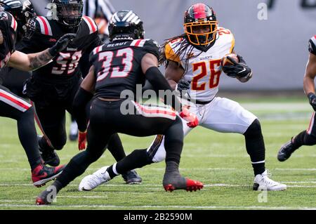 29 febbraio 2020, Los Angeles Wildcats correndo indietro Harris DuJuan (26) in azione contro la sicurezza dei Guardiani di New York A.J. Hendy (33) durante la partita XFL al MetLife Stadium di East Rutherford, New Jersey. I guardiani hanno vinto il 17-14. Christopher Szagola/CSM Foto Stock