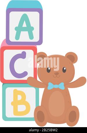 area bambini, blocchi alfabetici orsacchiotto e cartoni animati giocattoli vettore illustrazione Illustrazione Vettoriale