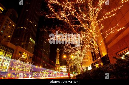 Chicago Water Tower e Michigan Avenue sono decorate in luci di vacanza durante la settimana di Natale 2019 Foto Stock