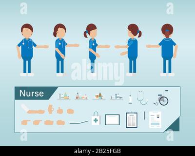 Il set di caratteri infermieri femminili mostra un'illustrazione vettoriale uniforme blu Illustrazione Vettoriale