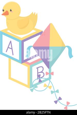 area bambini, blocchi alfabetici anatra kite giocattoli cartone animato vettore illustrazione Illustrazione Vettoriale