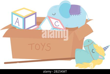 area bambini, scatola con blocchi alfabetici elefante unicorno con ruote giocattoli illustrazione vettore Illustrazione Vettoriale