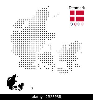 Mappa del vettore Danimarca punteggiato, con indicatore e marcatore di mappa. Illustrazione nera della silhouette vettoriale. Web design, carta da parati, volantini, riprese, poster, brochur Illustrazione Vettoriale