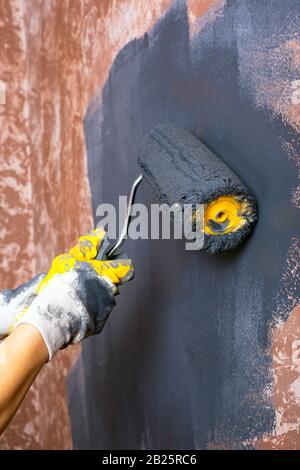 verniciare le pareti con un rullo di colore grigio. riparazioni. Foto Stock
