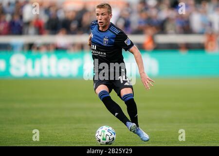 San Jose Terremoti centrocampista Jackson Yueill (14) durante la seconda metà della partita di calcio MLS contro il Toronto FC, Sabato, 28 febbraio 2020, a San Jose, Calif. I Terremoti di San Jose e il Toronto FC legato il gioco 2-2. (Foto di IOS/ESPA-Images) Foto Stock