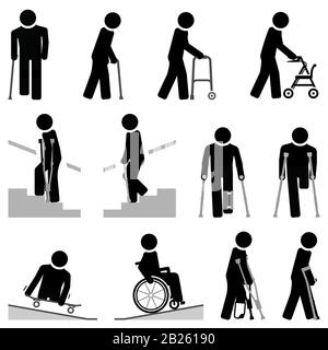 Gli ausili per camminare possono aiutare le persone con difficoltà di movimento. Illustrazione Vettoriale