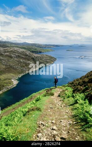 Lone adulto femmina escursionista collina su sentiero accidentato sopra Loch Trolamaraig, Isle of Harris, Outer Hebrides, Scozia, UK Foto Stock