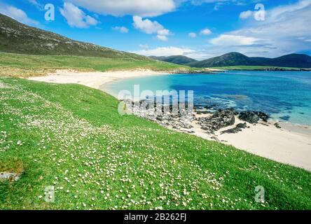 Erba verde e spiagge sabbiose deserte vicino alla Toe Head Chapel, Traigh na Cleabhaig, Toe Head (GOB an Tobha), Isola di Harris, Ebridi esterne, Scozia, Regno Unito Foto Stock