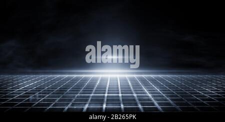 3D rendering asfalto bagnato, riflessione luci al neon, proiettore, fumo. Luce astratta in una strada buia vuota con fumo, smog. sce sfondo scuro Foto Stock