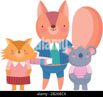 ritorno a scuola, scoiattolo koala e gli studenti volpi cartoni animati personaggi vettore illustrazione Illustrazione Vettoriale