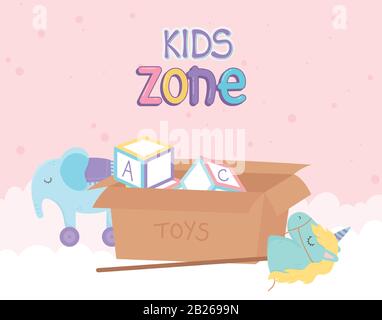 area bambini, scatola con blocchi alfabetici elefante unicorno con ruote giocattoli illustrazione vettore Illustrazione Vettoriale