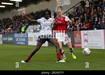 Leonie Maier di Arsenal e Rinsola Babajide di Liverpool durante l'Arsenal Donne vs Liverpool donne, Barclaycard FA DONNA Super League Calcio a Prato Foto Stock