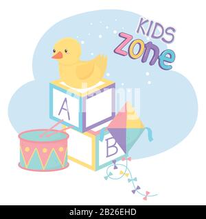 area bambini, blocchi alfabetici anatra aquilone e tamburo giocattoli vettore illustrazione Illustrazione Vettoriale