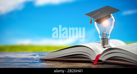 Libro aperto con lampadina leggera e tappo graduato su sfondo blu cielo. Istruzione, apprendimento su scuola e università o idea concetto. figura 3d. Foto Stock