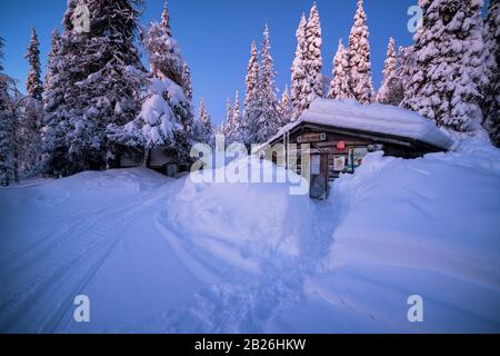 Porokämppä rifugio open wilderness a Kittilä, Lapponia, Finlandia Foto Stock