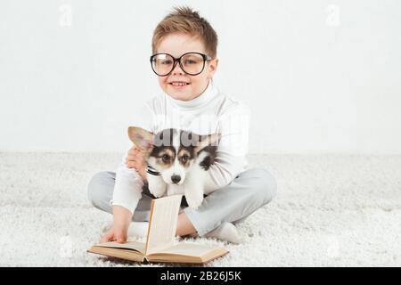 Ragazzo teen e cucciolo di Corgi con bicchieri Foto Stock