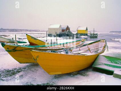 Dorys in inverno a Blue Rocks nel 1975, Nuova Scozia, canada Foto Stock