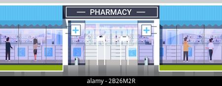 persone che acquistano prodotti medici moderna farmacia vista frontale negozio farmacia costruzione esterno medicina concetto di assistenza sanitaria orizzontale a tutta lunghezza vettore illustrazione Illustrazione Vettoriale