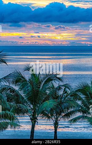 Un'alba esotica o un tramonto con palme che si affacciano su un vasto oceano d'acqua. Foto Stock