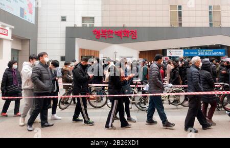 Seoul, Corea Del Sud. 01st Mar, 2020. Le persone che indossano le maschere si allineano per acquistare le maschere per proteggersi dal COVID-19 fuori da un grande magazzino a Seoul, Corea del Sud. La polizia sudcoreana ha cracking su un'ilizzazione illegale delle maschere facciali, con alcuni commercianti e distributori che li acquistano alla rinfusa in previsione dei prezzi alle stelle. La Corea del Sud ha riportato domenica 586 casi aggiuntivi COVID-19 portando il totale a 3.736. Credit: Aflo Co. Ltd./Alamy Live News Foto Stock