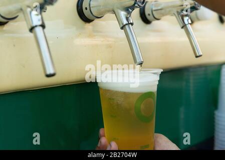 Barman che si versa dalla birra fresca alla spina nella tazza di plastica. Mani di barman che riempiono il bicchiere di birra da un rubinetto da bar. Mano di barman versando un pilsen b Foto Stock