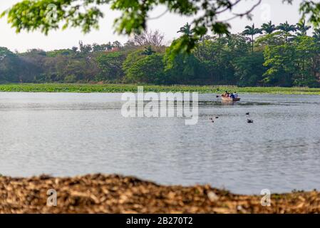 Un gruppo di quattro persone irriconoscibili è andare in barca sul Lago Karanji alla fine del pomeriggio, Mysore, India Foto Stock