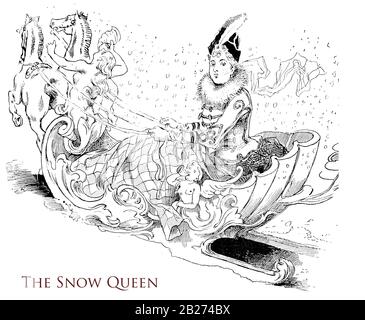 Umorismo e caricature francesi: La regina della neve, signora alla moda guida un cavallo-disegnato slight iper decorato con un costume di fantasia sotto una nevicata Foto Stock