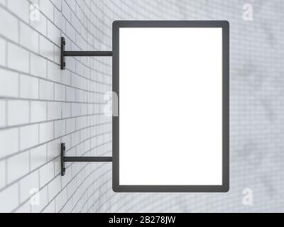 Bianco, rettangolare negozio segno appeso su una parete bianca. Rendering 3D Foto Stock
