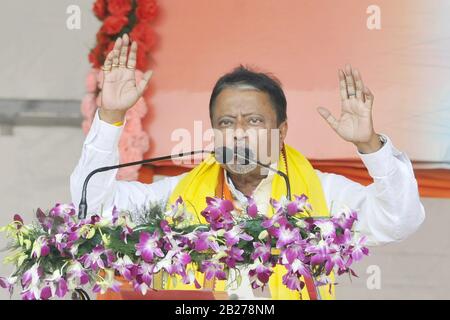 Calcutta, India. 01st Mar, 2020. Mukul Roy si rivolge durante l'incontro pubblico di Amit Shah a Saheed Minar Ground. (Foto Di Ved Prakash/Pacific Press) Credit: Pacific Press Agency/Alamy Live News Foto Stock